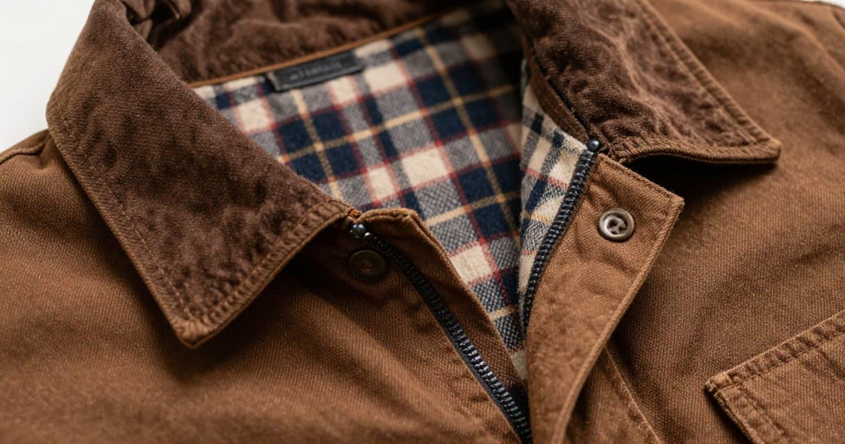Close-up of the inside collar tag and blanket lining of a vintage brown Carhartt Detroit work jacket