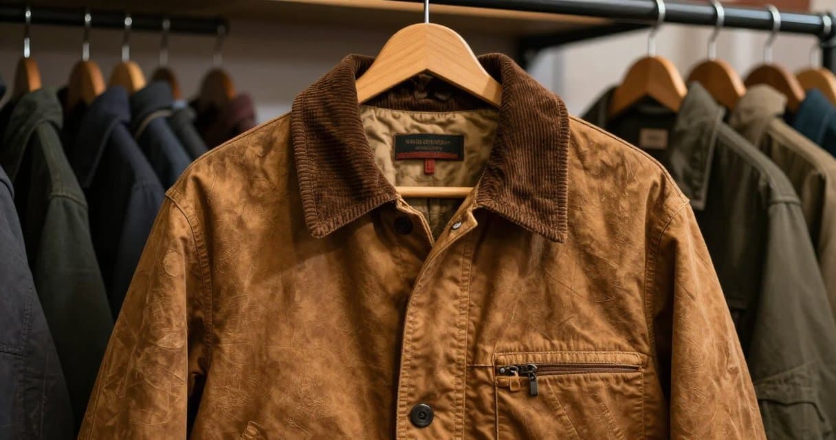 A vintage brown Carhartt Detroit-style work jacket hanging on a thrift store rack under warm light