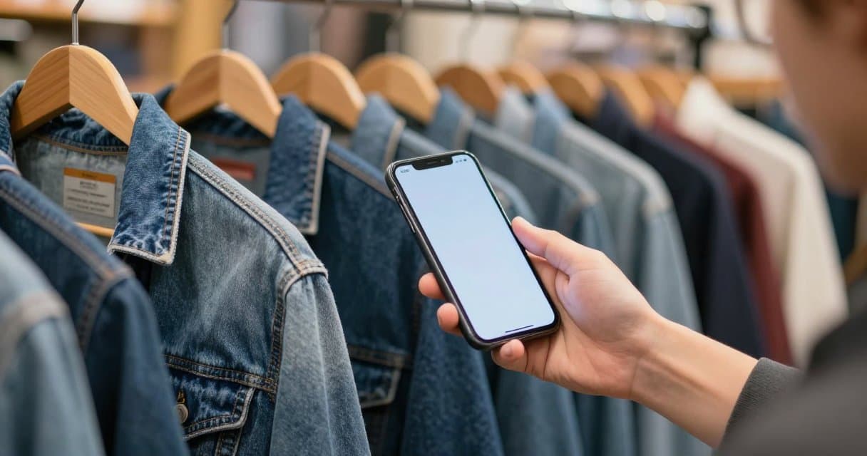 Close-up of a phone showing eBay search results with green sold prices next to a thrifted item
