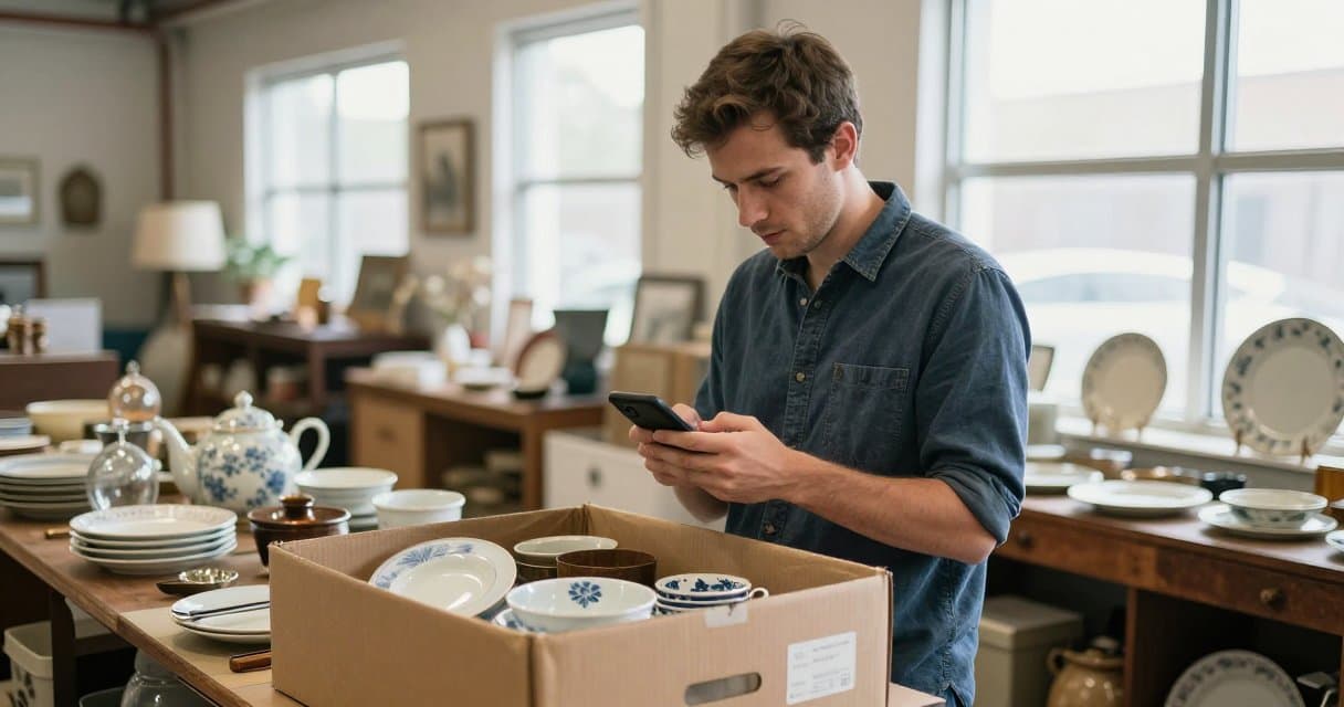 A reseller examining a box of vintage dishware and small antiques at an estate sale while holding a phone