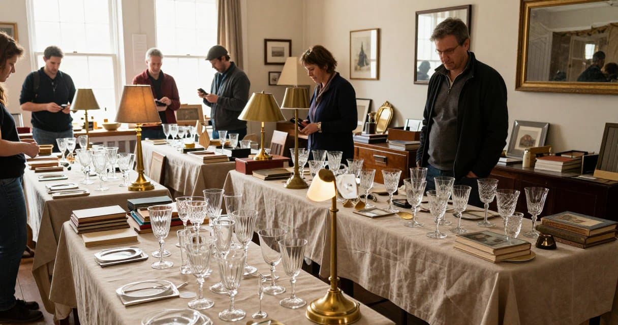 An estate sale inside an older home with tables of vintage glassware, lamps, and collectibles and a few shoppers browsing