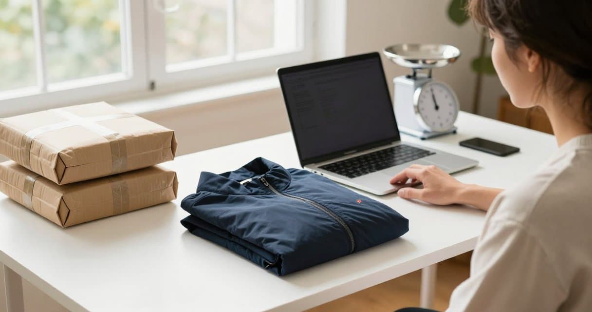 A reseller at a desk photographing a folded item next to a laptop and shipping supplies, preparing an eBay listing