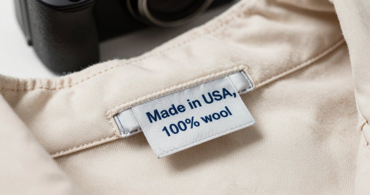Close-up of a vintage clothing brand tag and care label showing made in USA and 100% wool