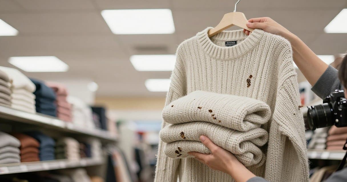 Reseller checking a wool sweater for moth holes and pilling under bright thrift store lighting