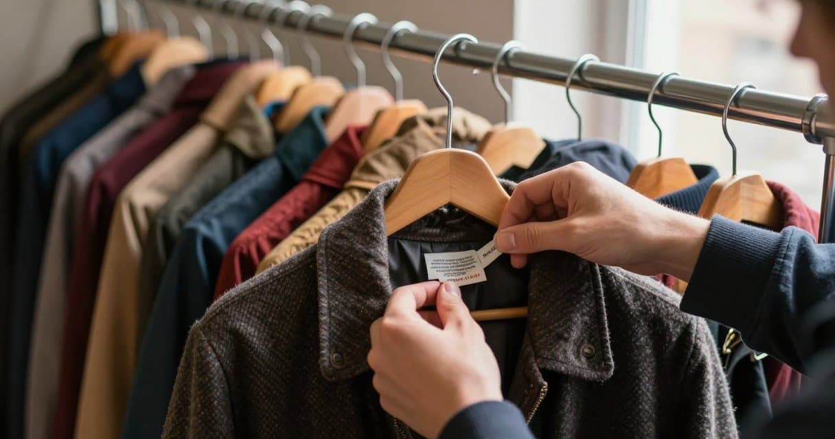 A reseller examining the brand tag inside a vintage jacket on a thrift store clothing rack