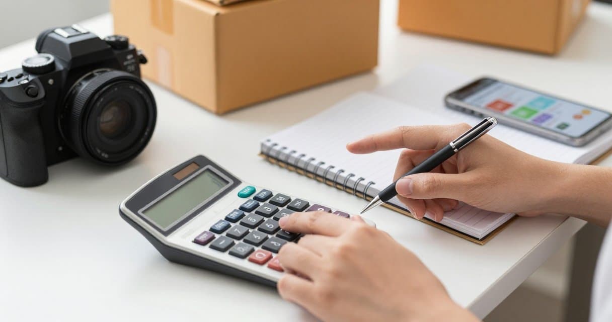 Hands using a calculator next to a notebook, shipping boxes, and a phone showing a marketplace listing