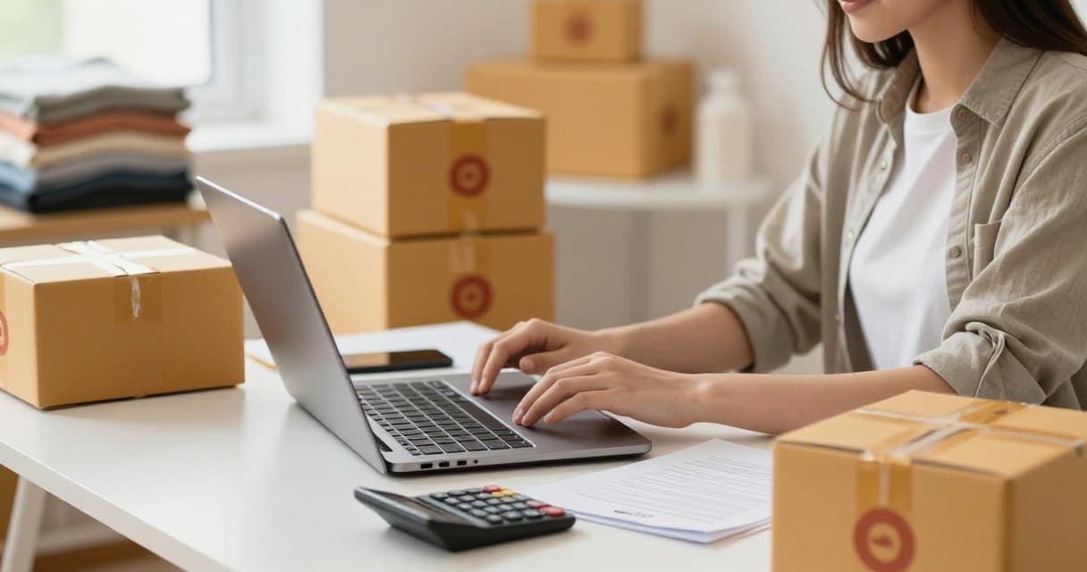 A reseller at a desk with a laptop, calculator, shipping parcels, and thrifted clothing working out profit on a flip