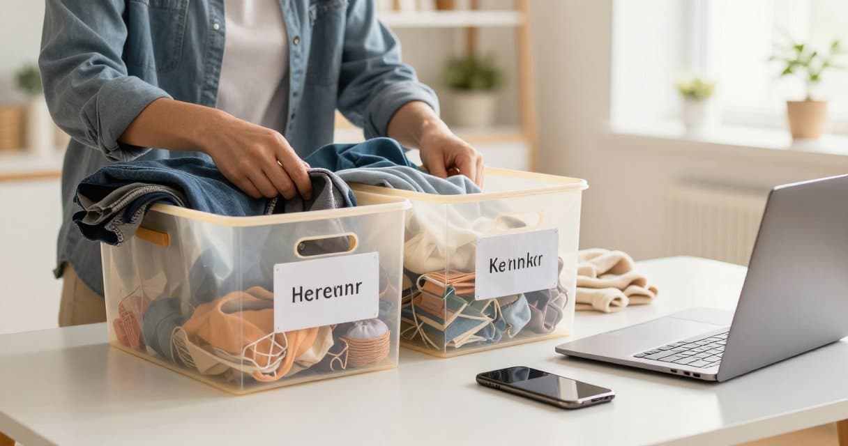 A beginner reseller organizing thrifted clothes and small items into bins next to a phone and laptop at home
