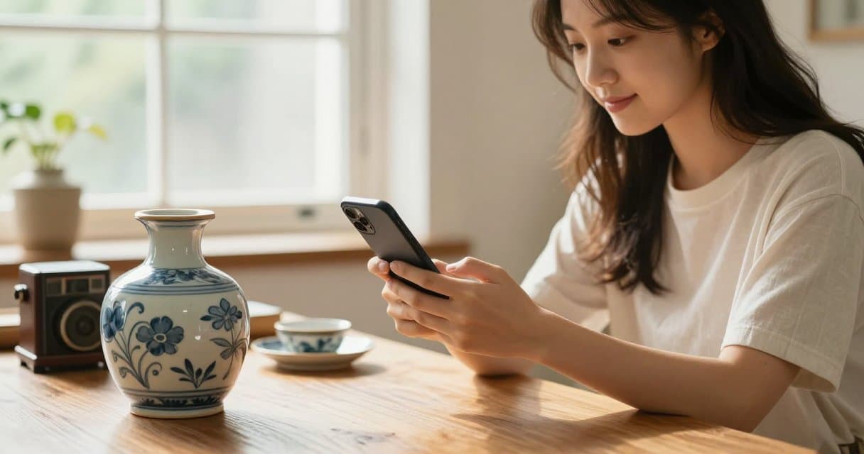 A woman holding a phone over a thrifted ceramic vase and vintage items on a table, checking what they are worth